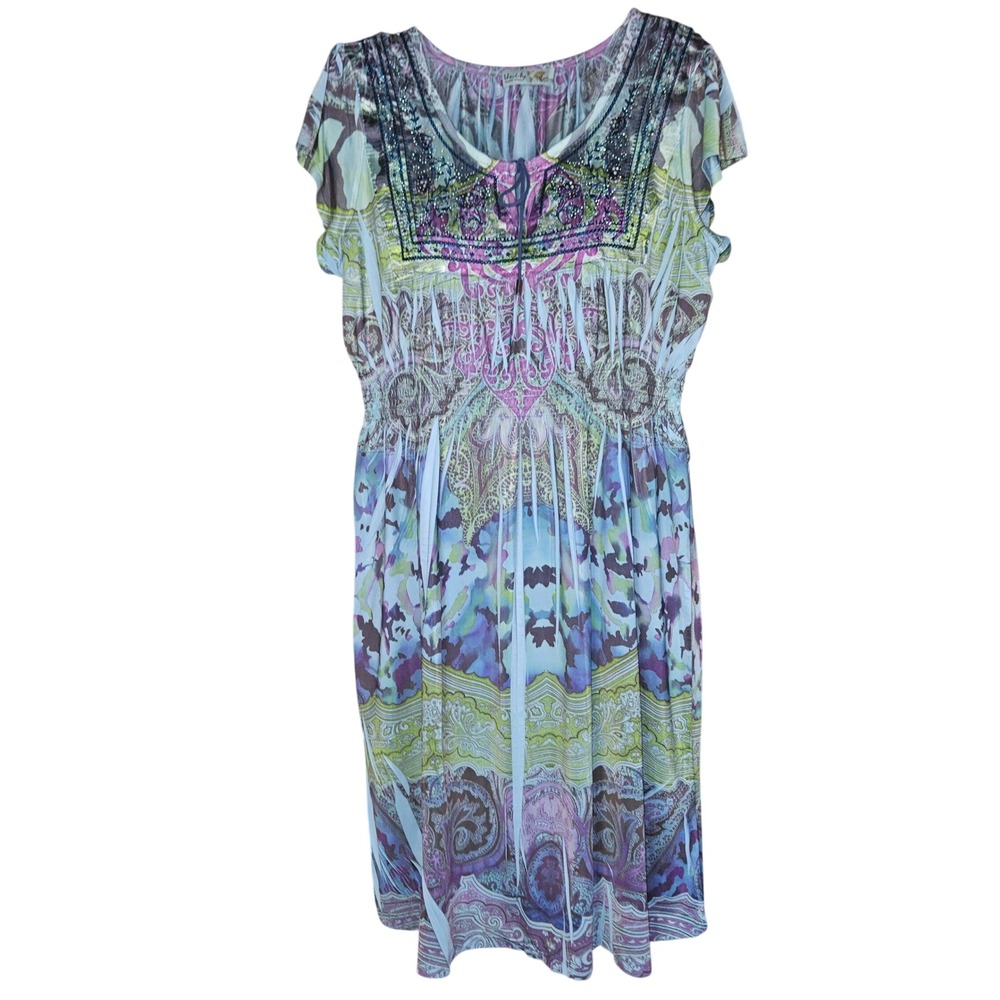 Unity World Wear Dress Womens Medium Blue Purple Paisley Beaded Smocked Boho NEW